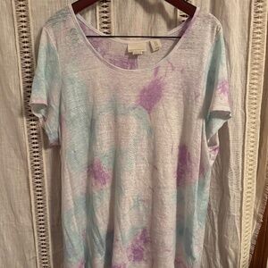CYNTHIA ROWLEY LINEN Tee White Tie Dye  SHORT SLEEVE TOP T Shirt size 1X